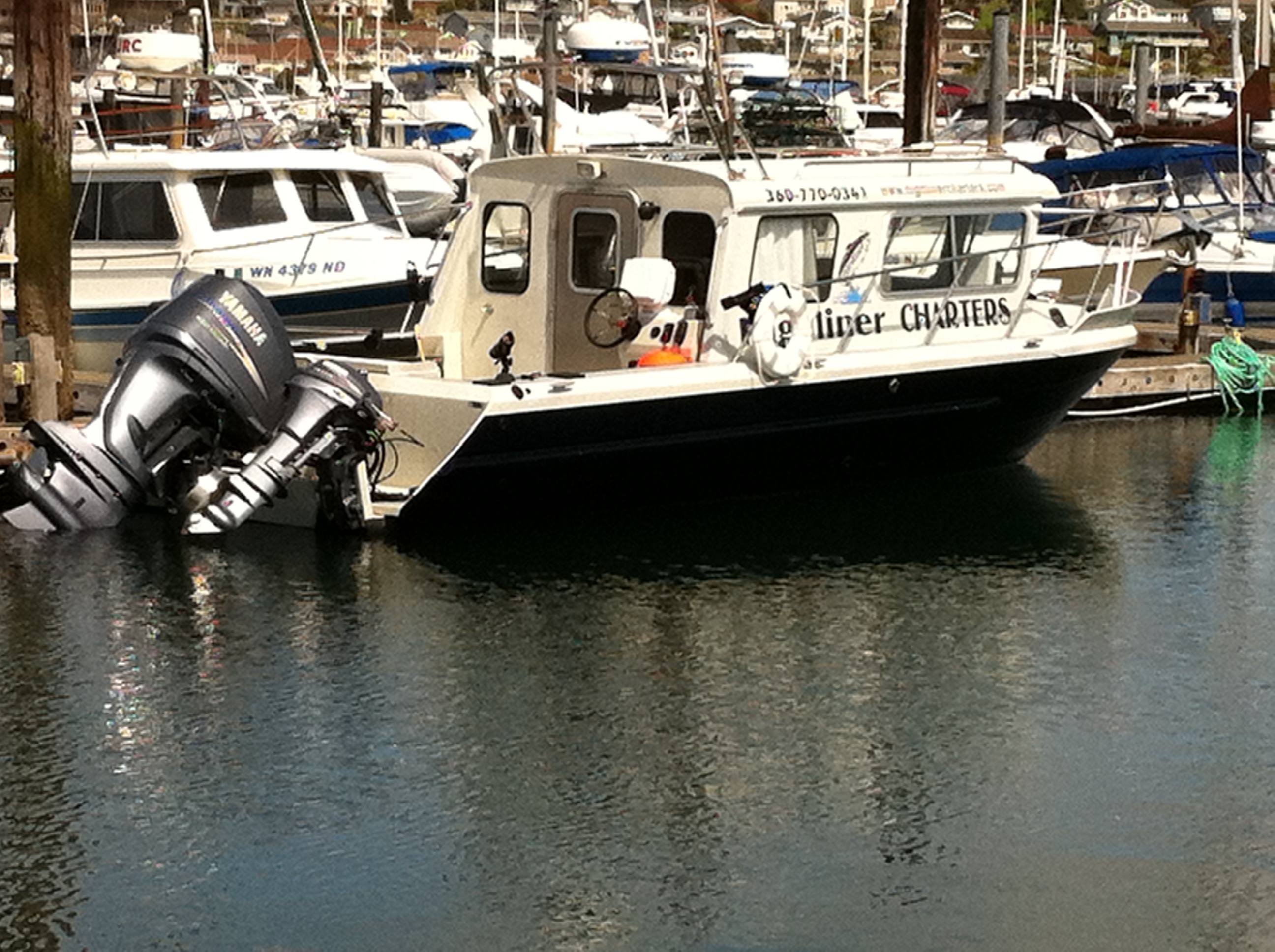 Highliner Charters' 26-foot black and white Harbercraft Kingfisher fishing boat docked at a marina.